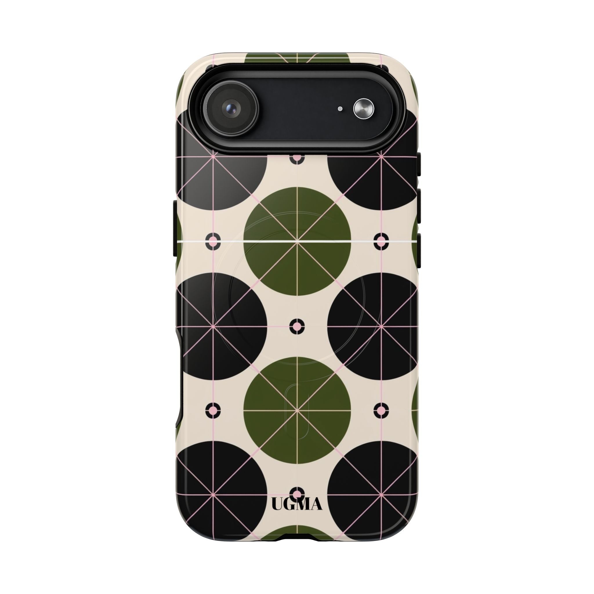 Magnetic Tough Phone Case — Geometric Olive & Black Circle Pattern