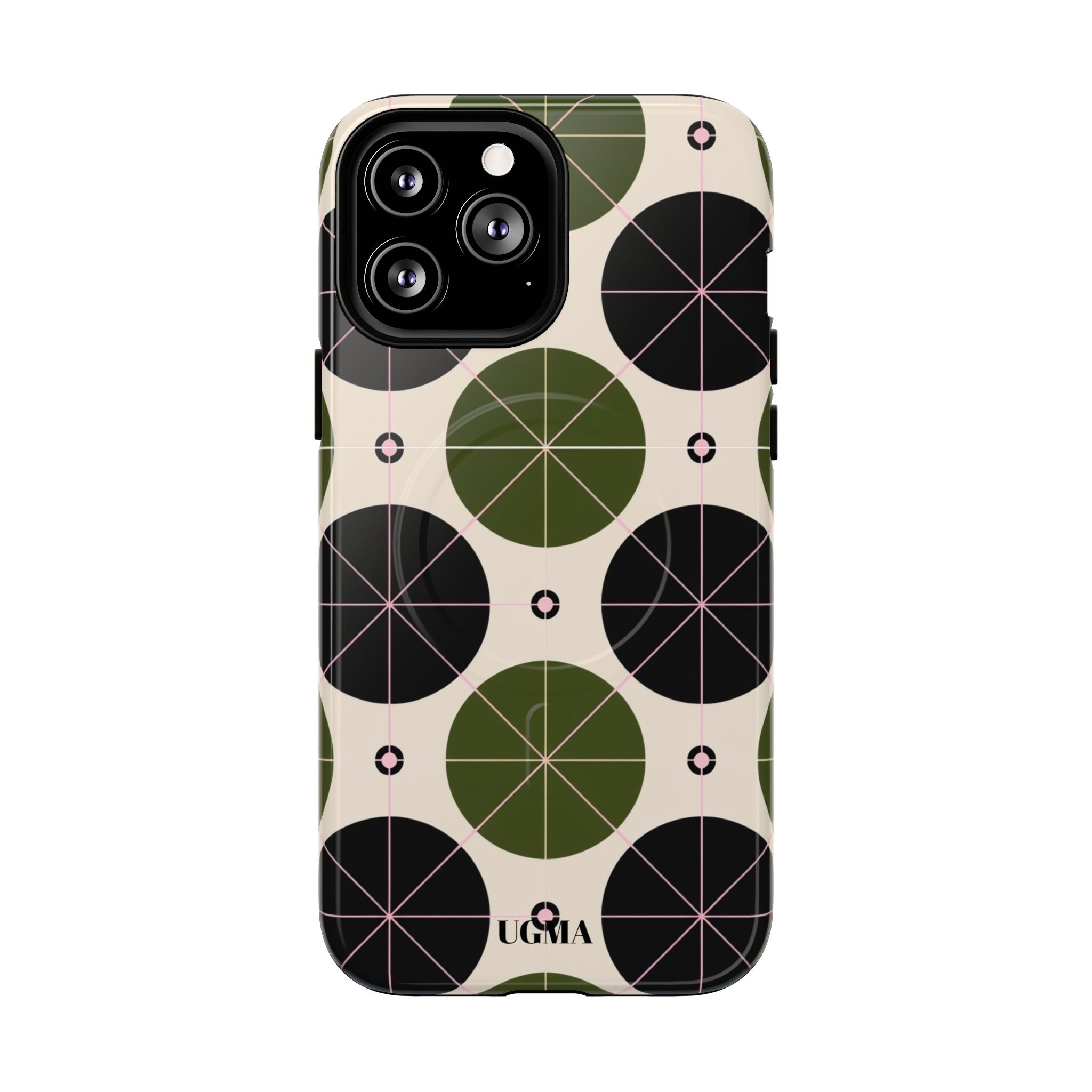 Magnetic Tough Phone Case — Geometric Olive & Black Circle Pattern