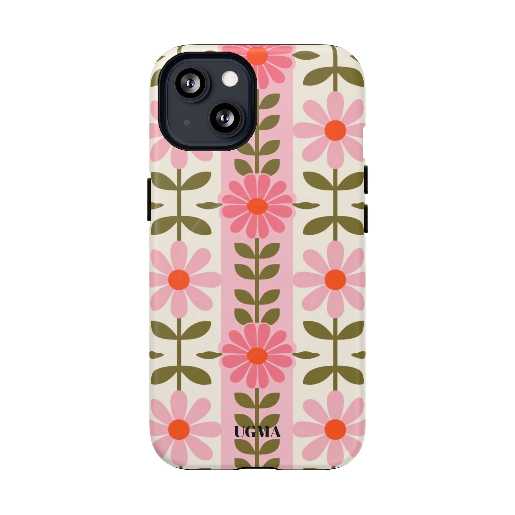 Floral Stripe Tough Magnetic Phone Case — Retro Pink Daisy Protective Cover