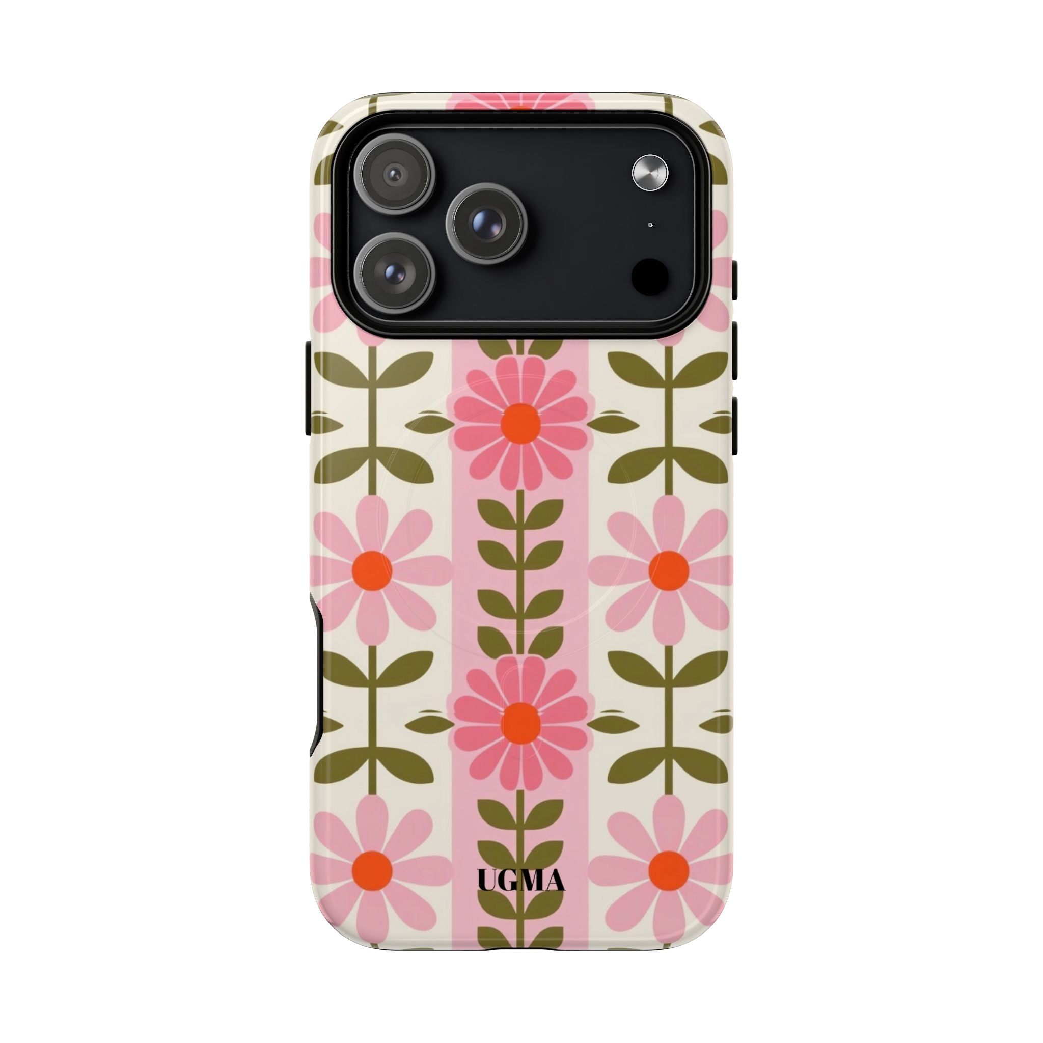 Floral Stripe Tough Magnetic Phone Case — Retro Pink Daisy Protective Cover