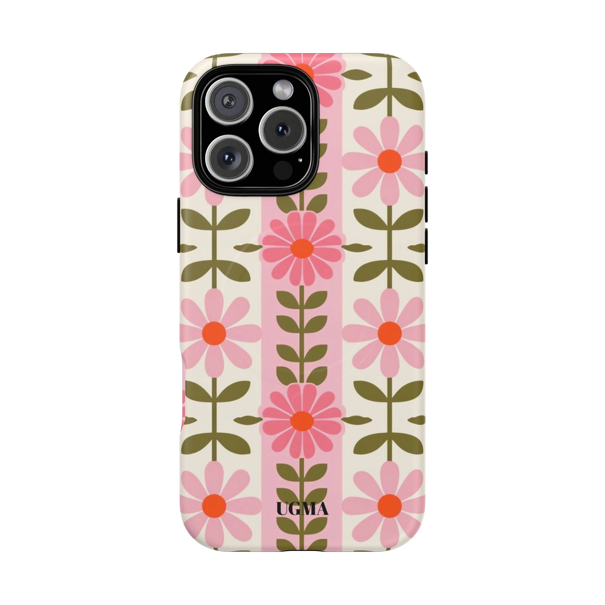 Floral Stripe Tough Magnetic Phone Case — Retro Pink Daisy Protective Cover
