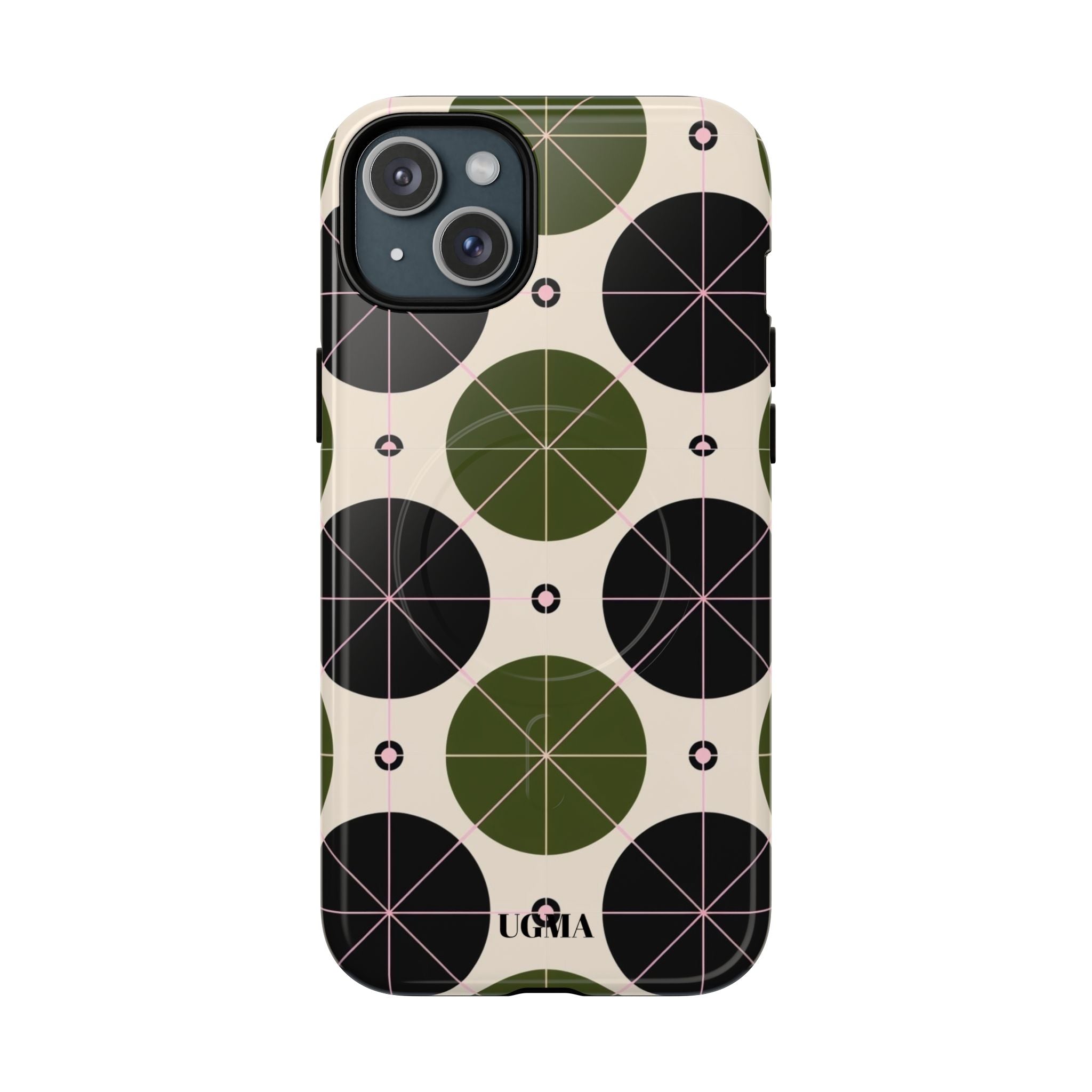 Magnetic Tough Phone Case — Geometric Olive & Black Circle Pattern