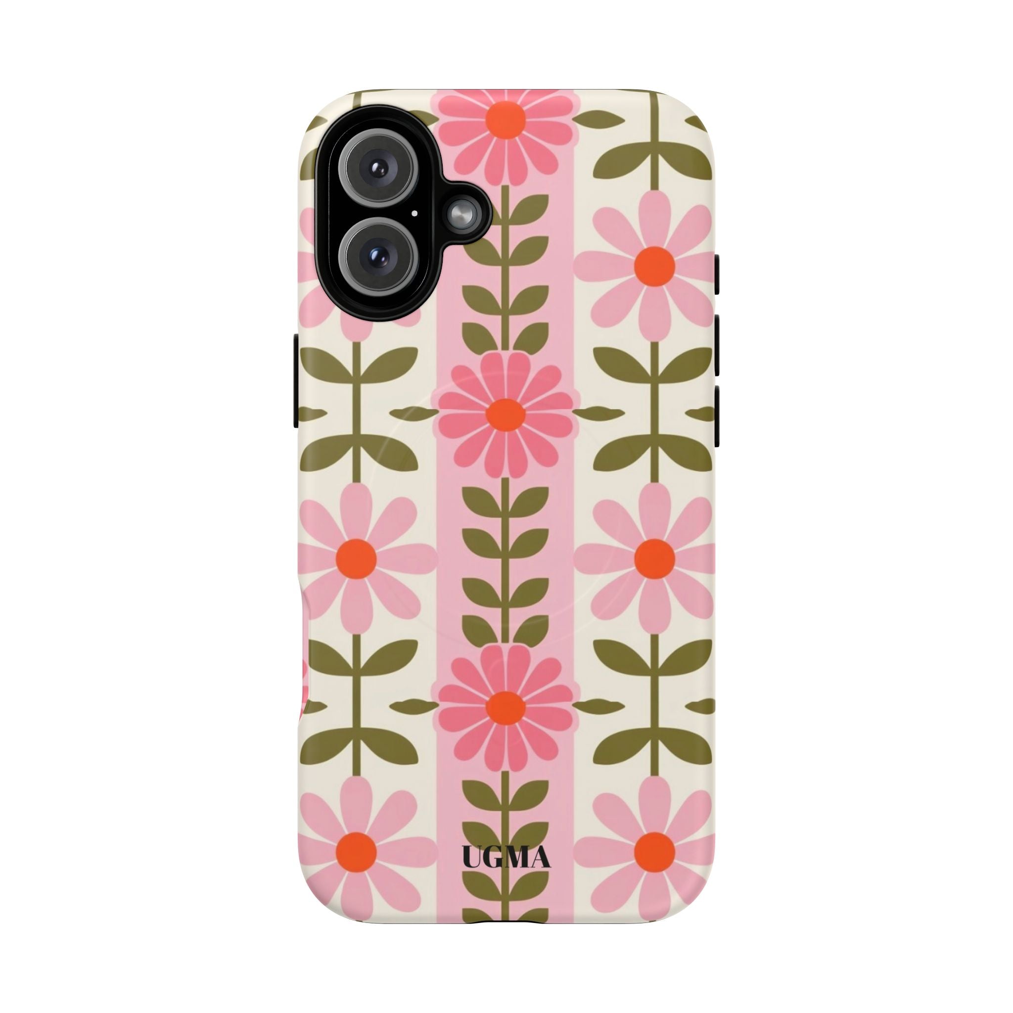 Floral Stripe Tough Magnetic Phone Case — Retro Pink Daisy Protective Cover