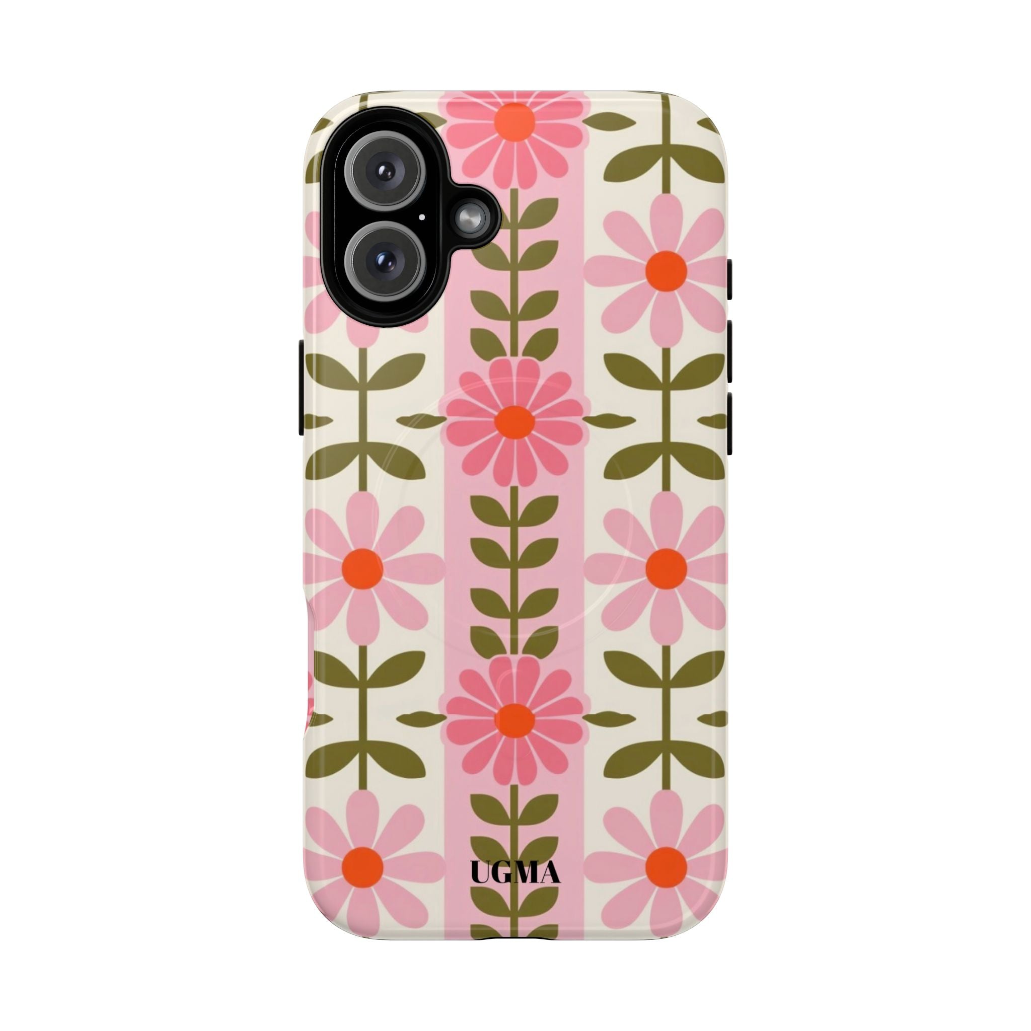 Floral Stripe Tough Magnetic Phone Case — Retro Pink Daisy Protective Cover
