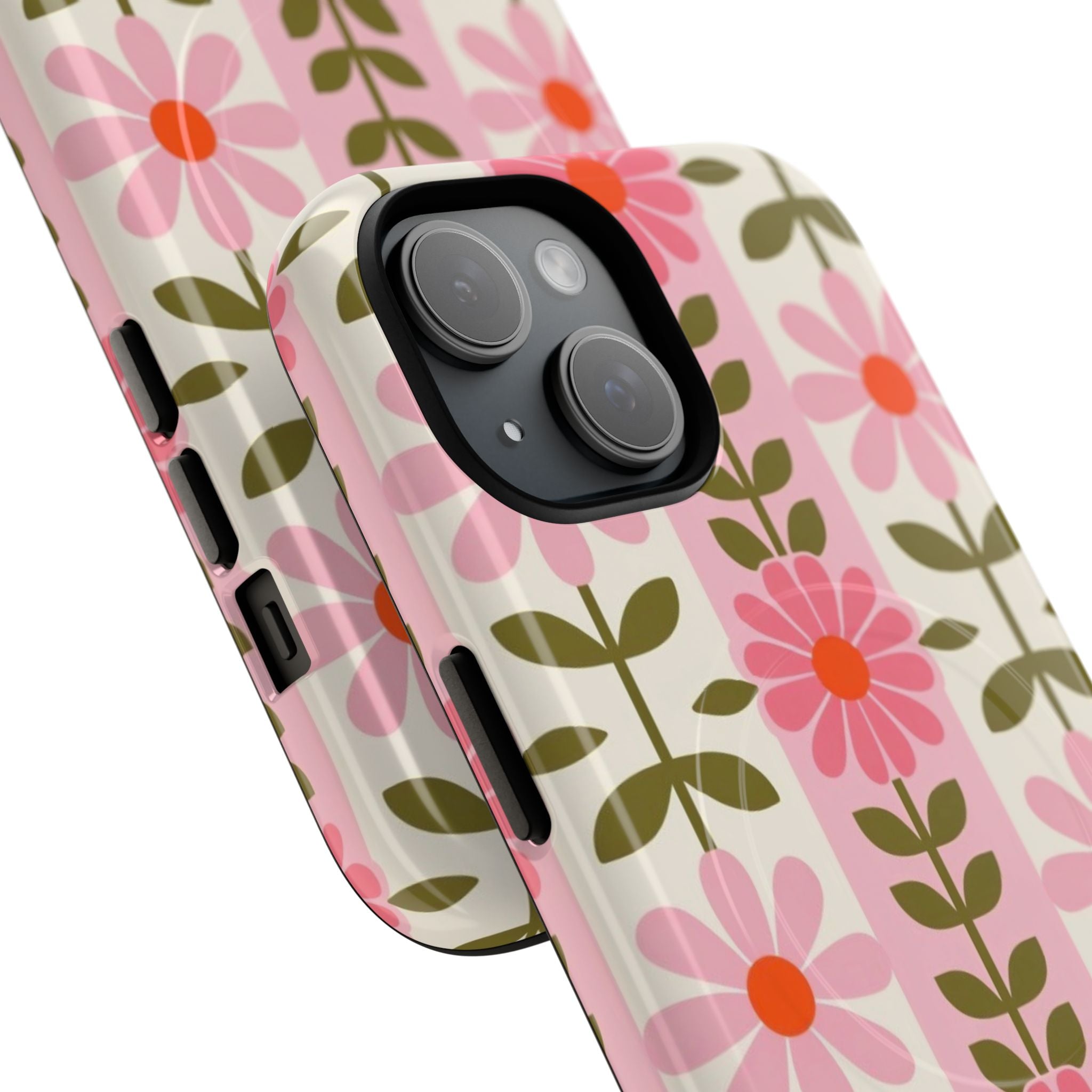 Floral Stripe Tough Magnetic Phone Case — Retro Pink Daisy Protective Cover