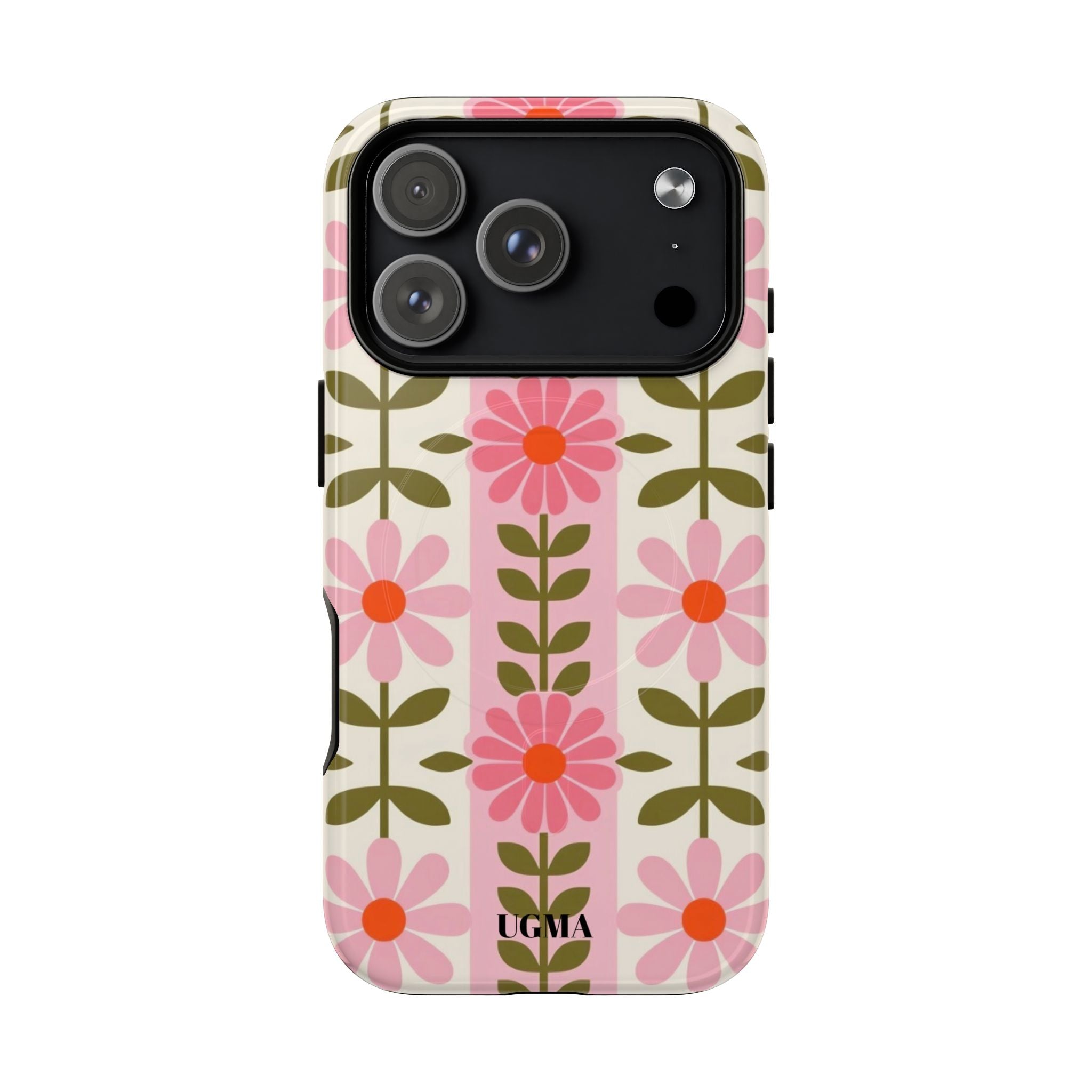 Floral Stripe Tough Magnetic Phone Case — Retro Pink Daisy Protective Cover