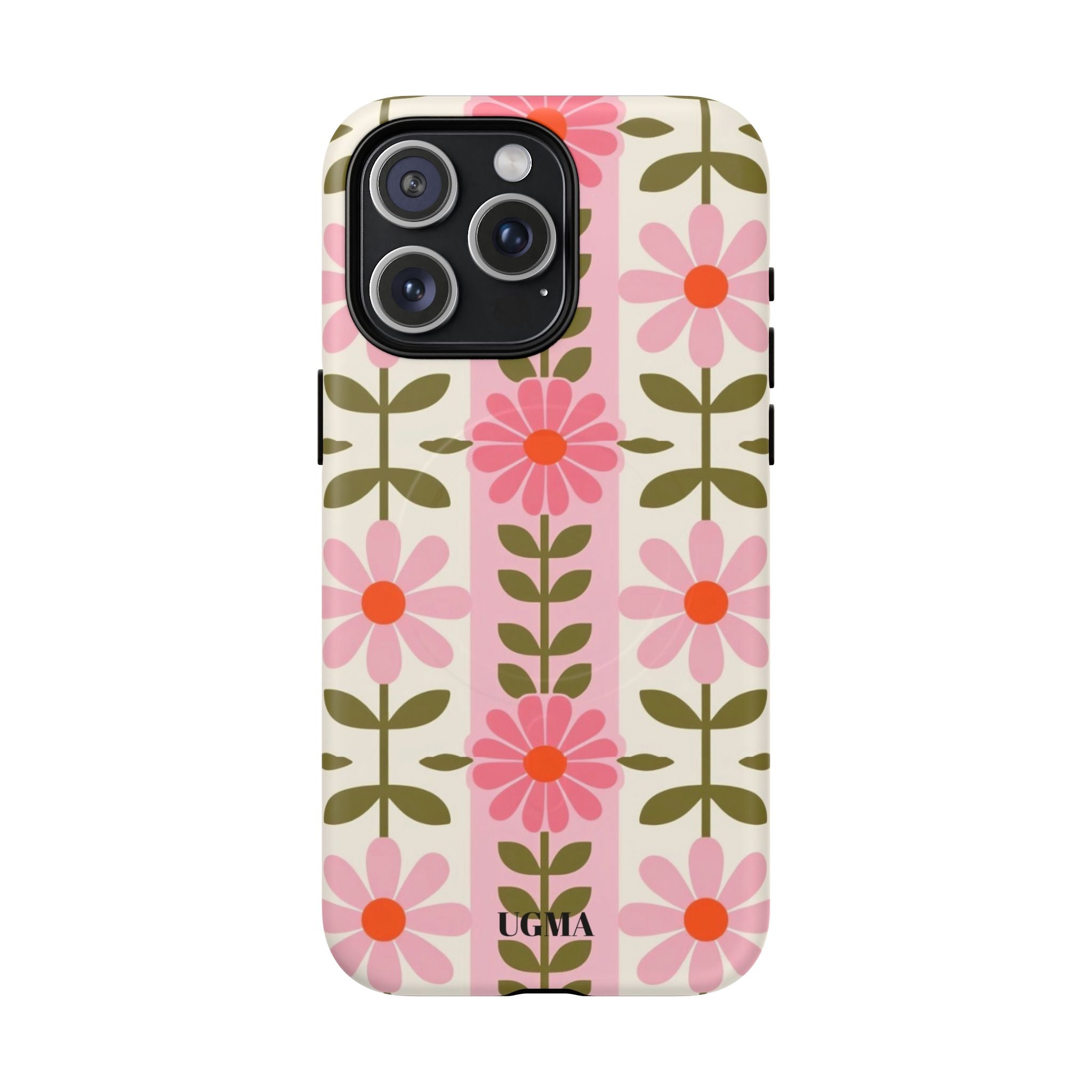 Floral Stripe Tough Magnetic Phone Case — Retro Pink Daisy Protective Cover