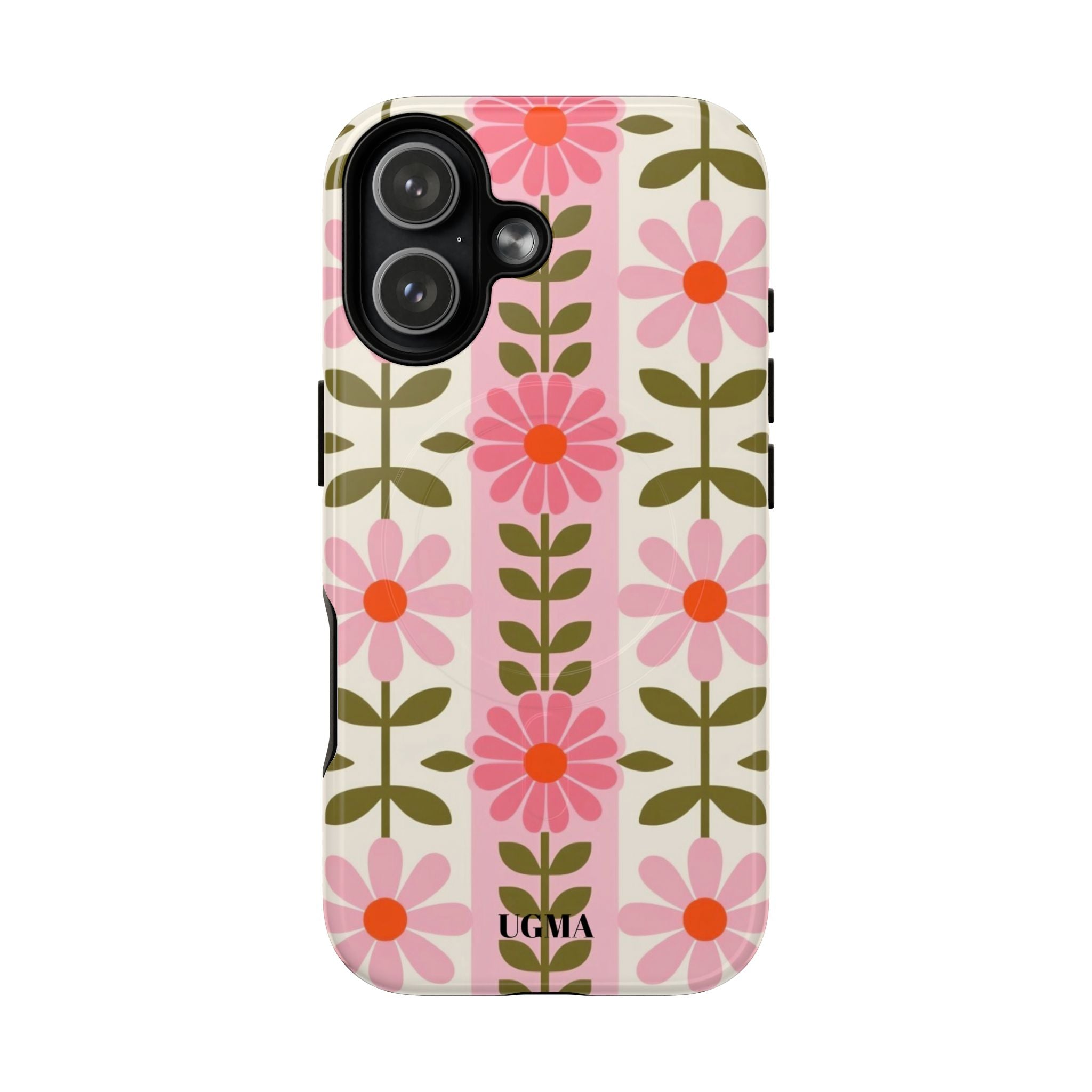 Floral Stripe Tough Magnetic Phone Case — Retro Pink Daisy Protective Cover