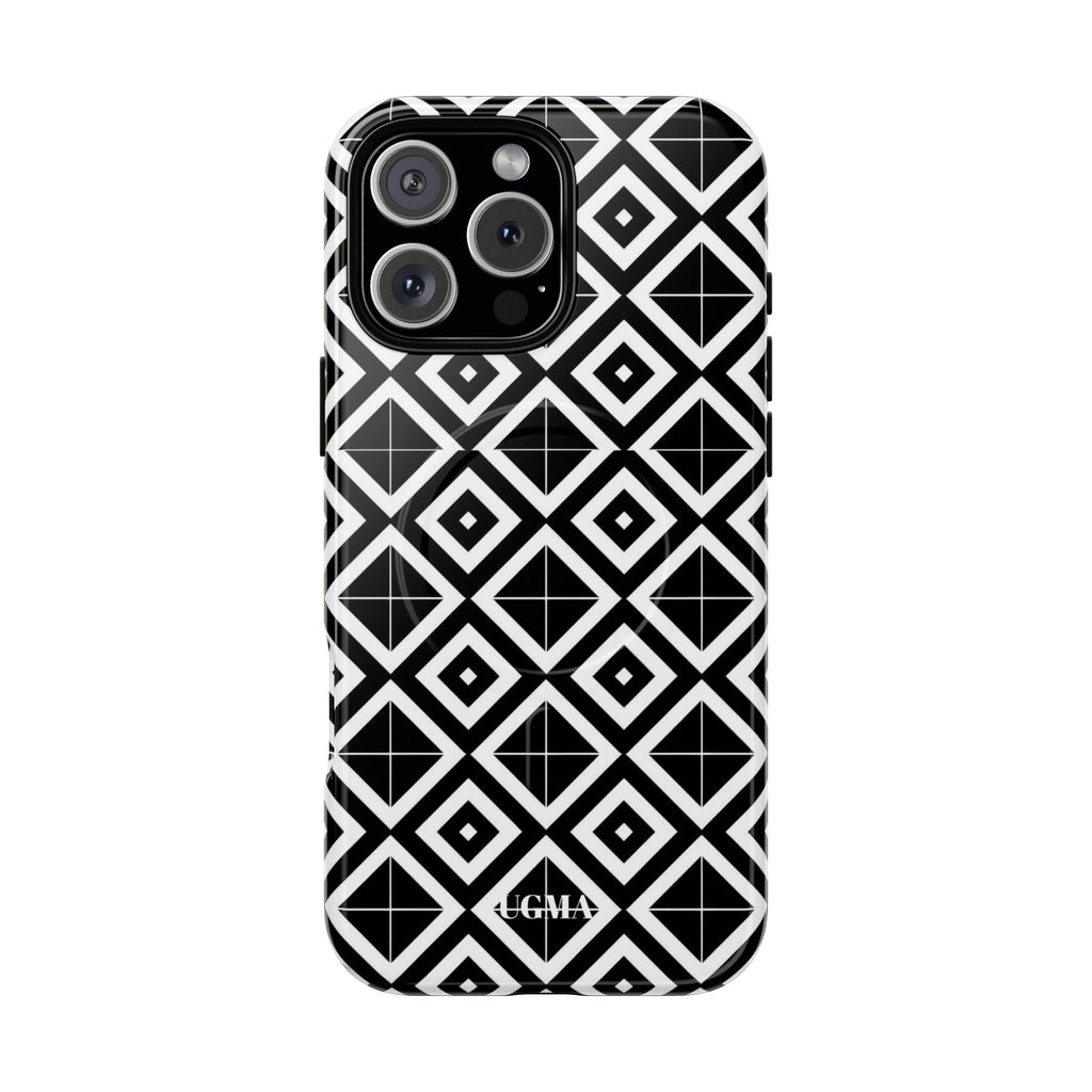 Magnetic Phone Case — Black & White Geometric Diamond Pattern, Tough Protective Cover