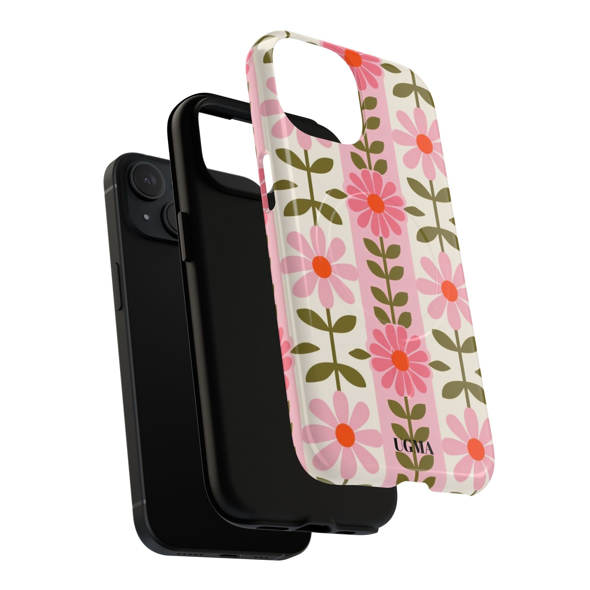 Floral Stripe Tough Magnetic Phone Case — Retro Pink Daisy Protective Cover