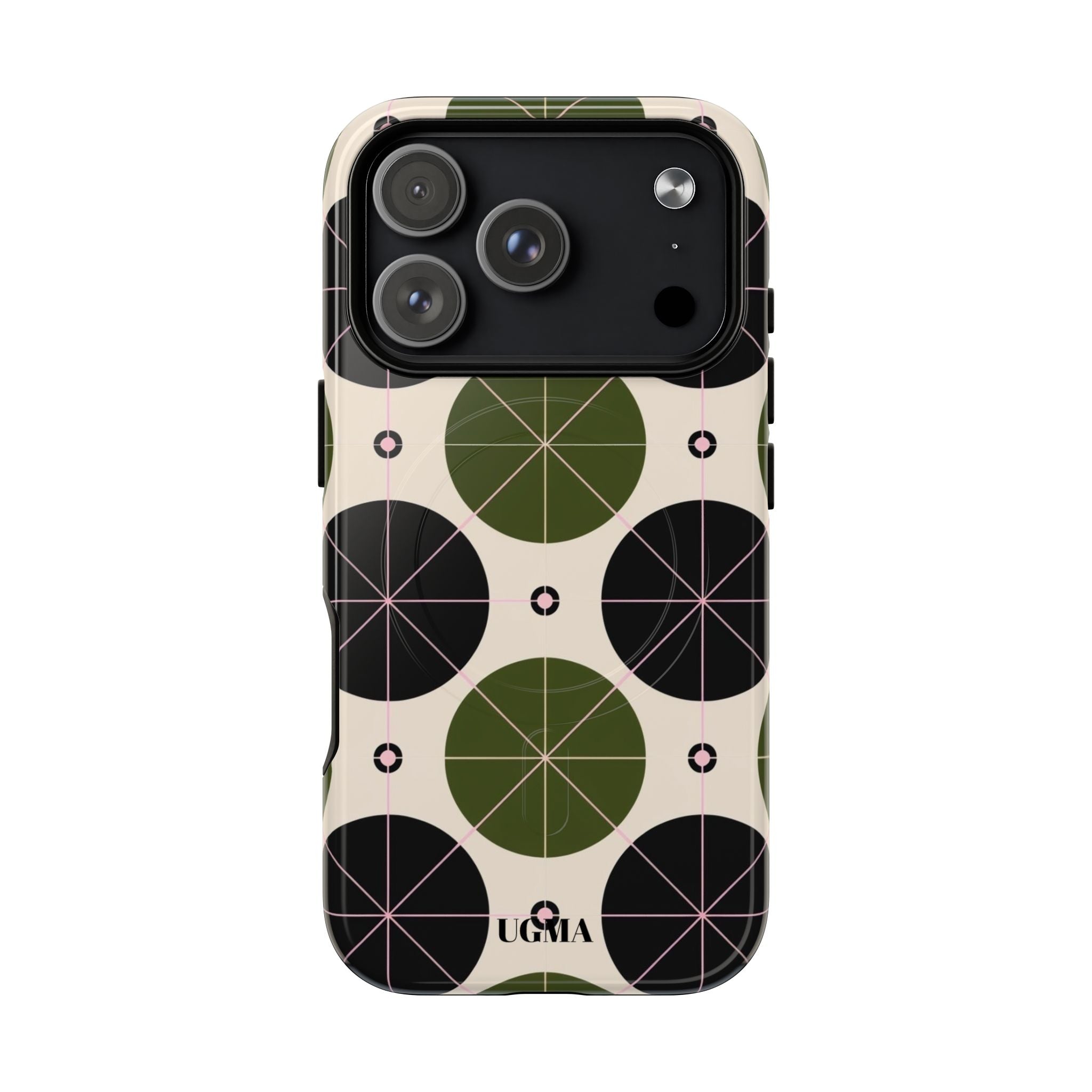 Magnetic Tough Phone Case — Geometric Olive & Black Circle Pattern