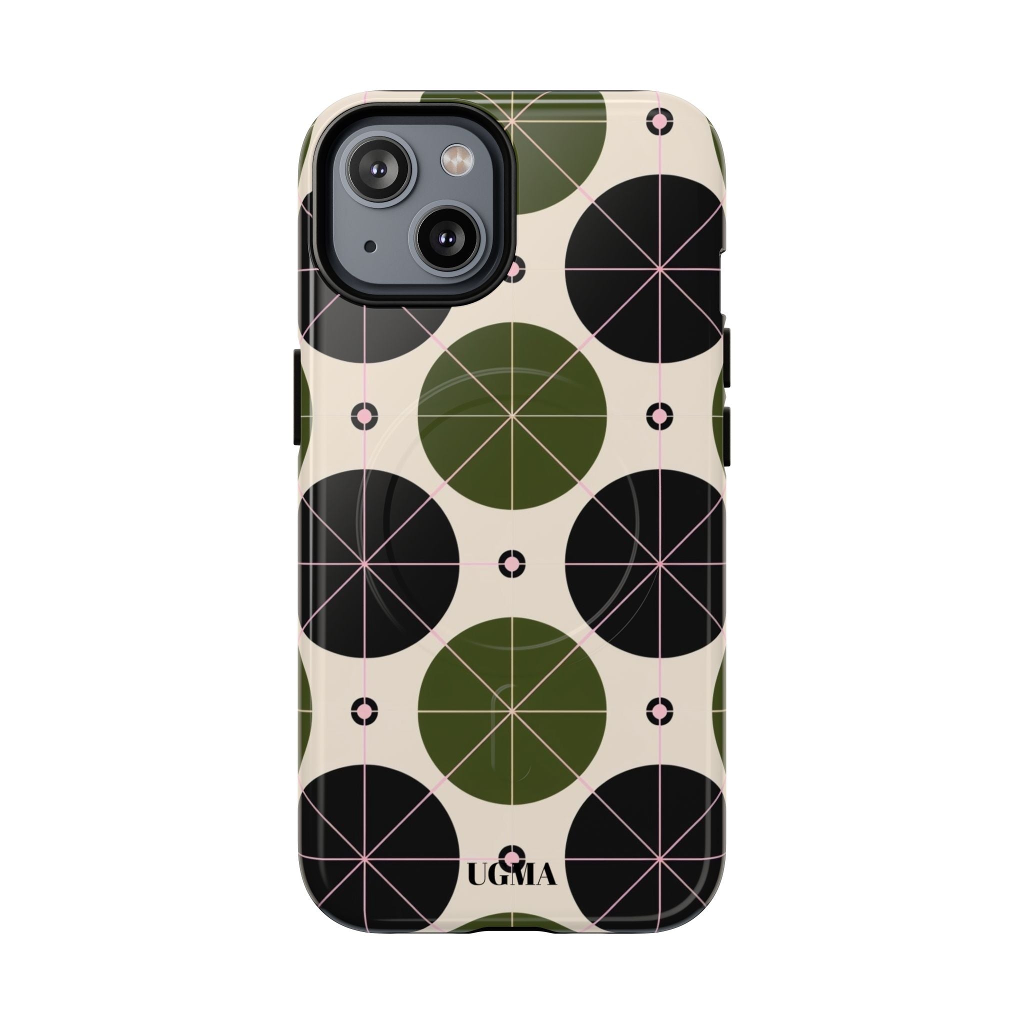 Magnetic Tough Phone Case — Geometric Olive & Black Circle Pattern