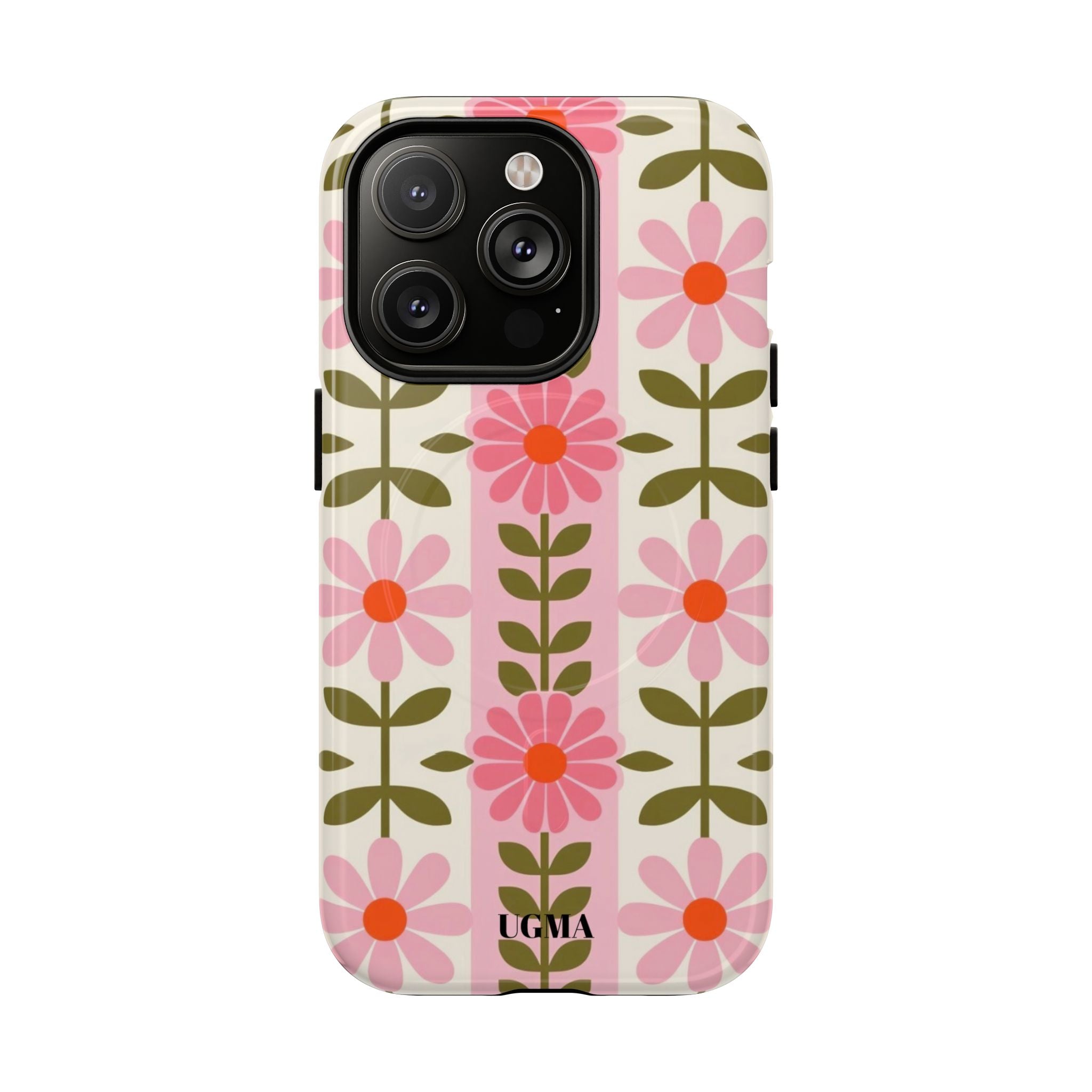 Floral Stripe Tough Magnetic Phone Case — Retro Pink Daisy Protective Cover