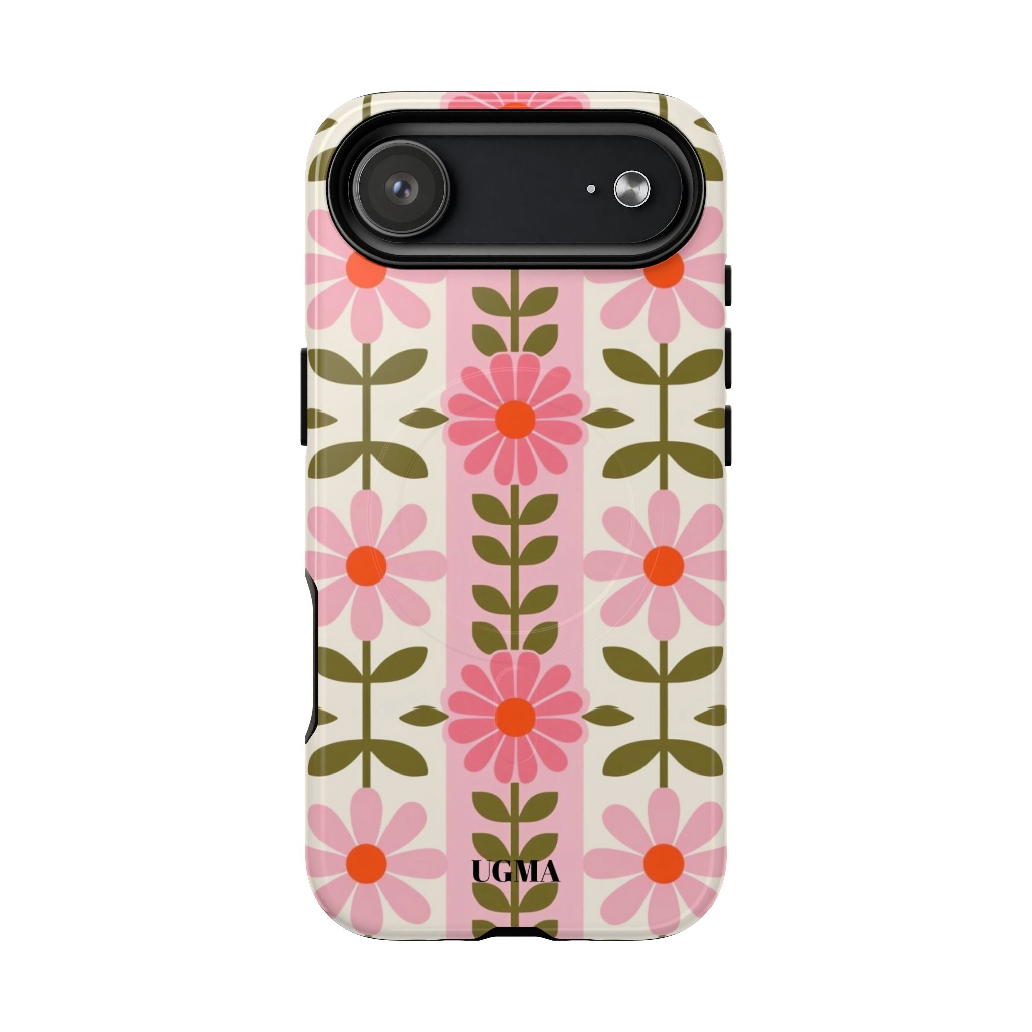 Floral Stripe Tough Magnetic Phone Case — Retro Pink Daisy Protective Cover