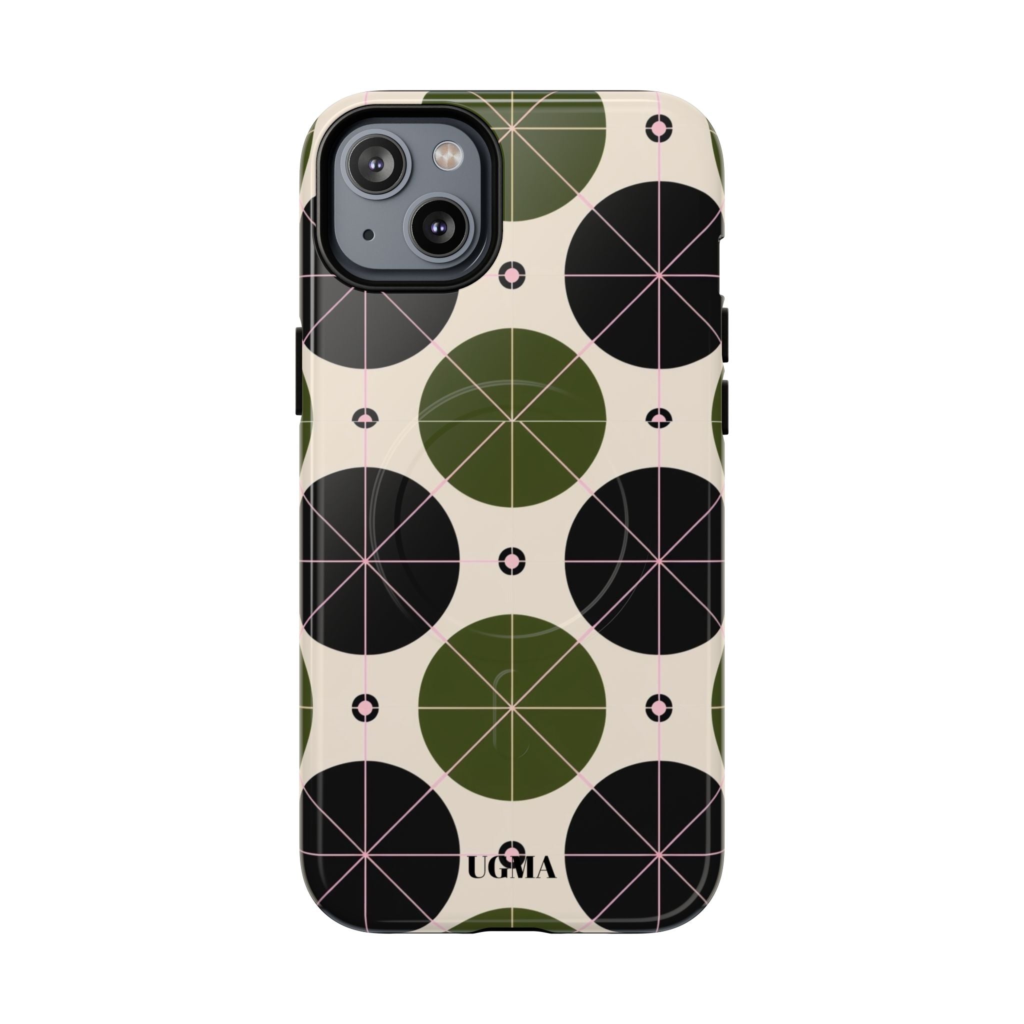 Magnetic Tough Phone Case — Geometric Olive & Black Circle Pattern