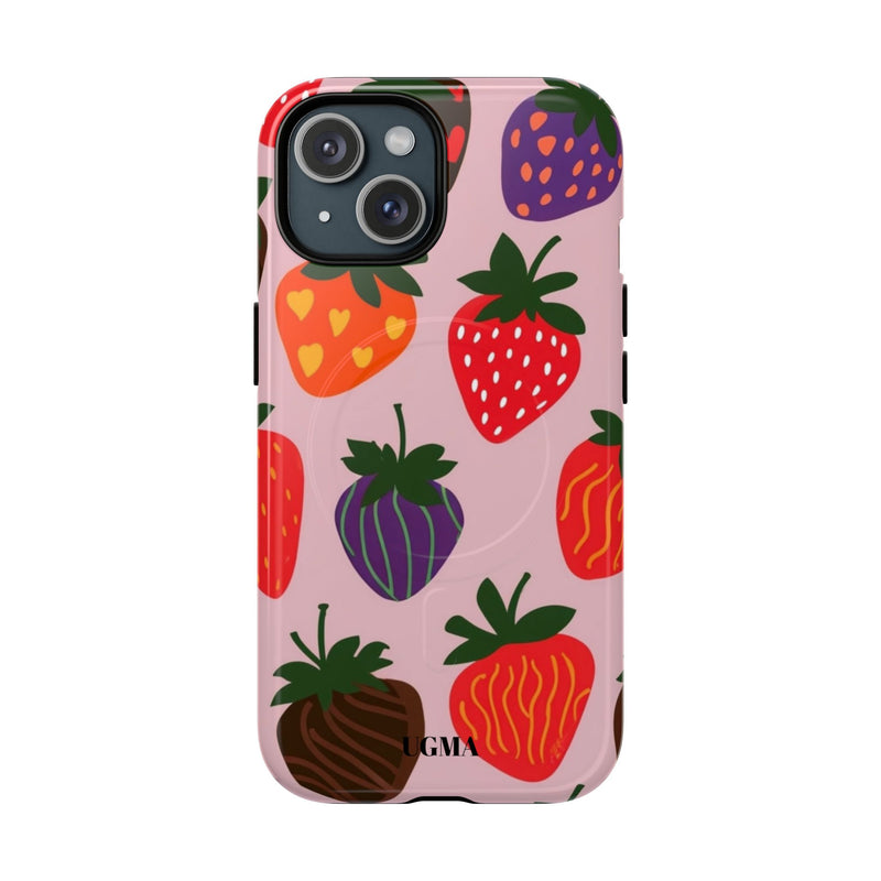 Strawberry Pattern Tough Magnetic Phone Case — Cute Pink Fruit Design
