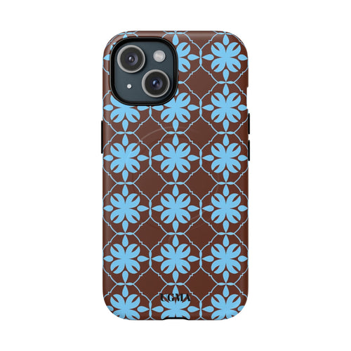 Floral Lattice Tough Magnetic Phone Case — Blue on Brown