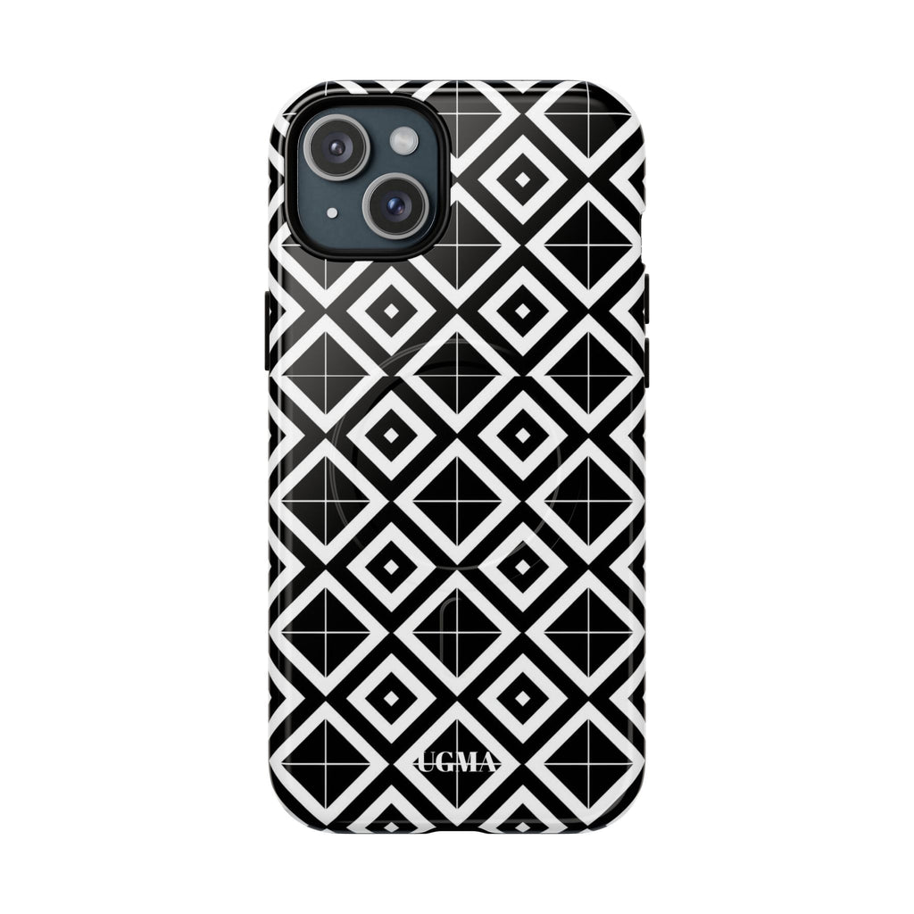 Magnetic Phone Case — Black & White Geometric Diamond Pattern, Tough Protective Cover