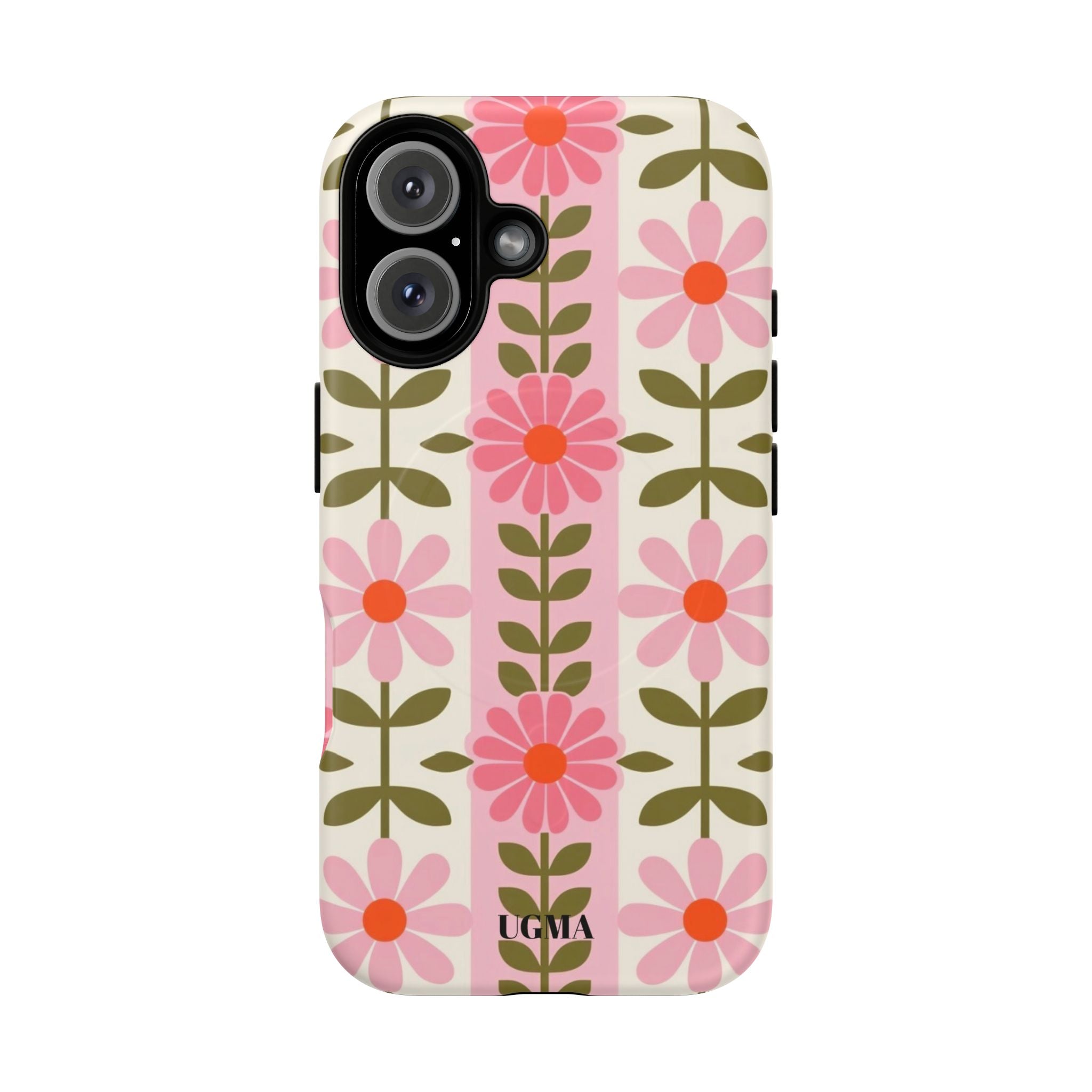 Floral Stripe Tough Magnetic Phone Case — Retro Pink Daisy Protective Cover