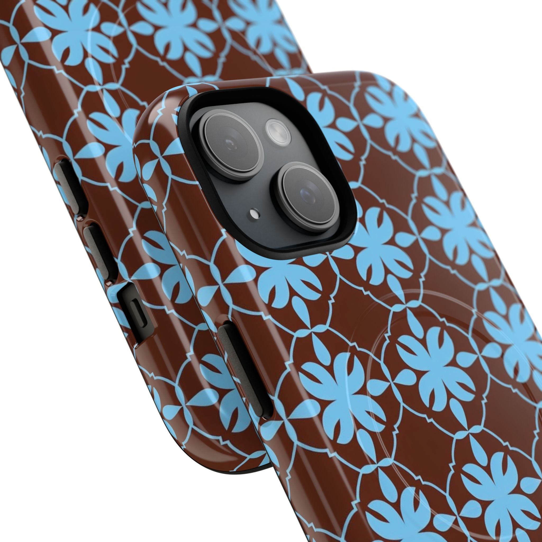 Floral Lattice Tough Magnetic Phone Case — Blue on Brown