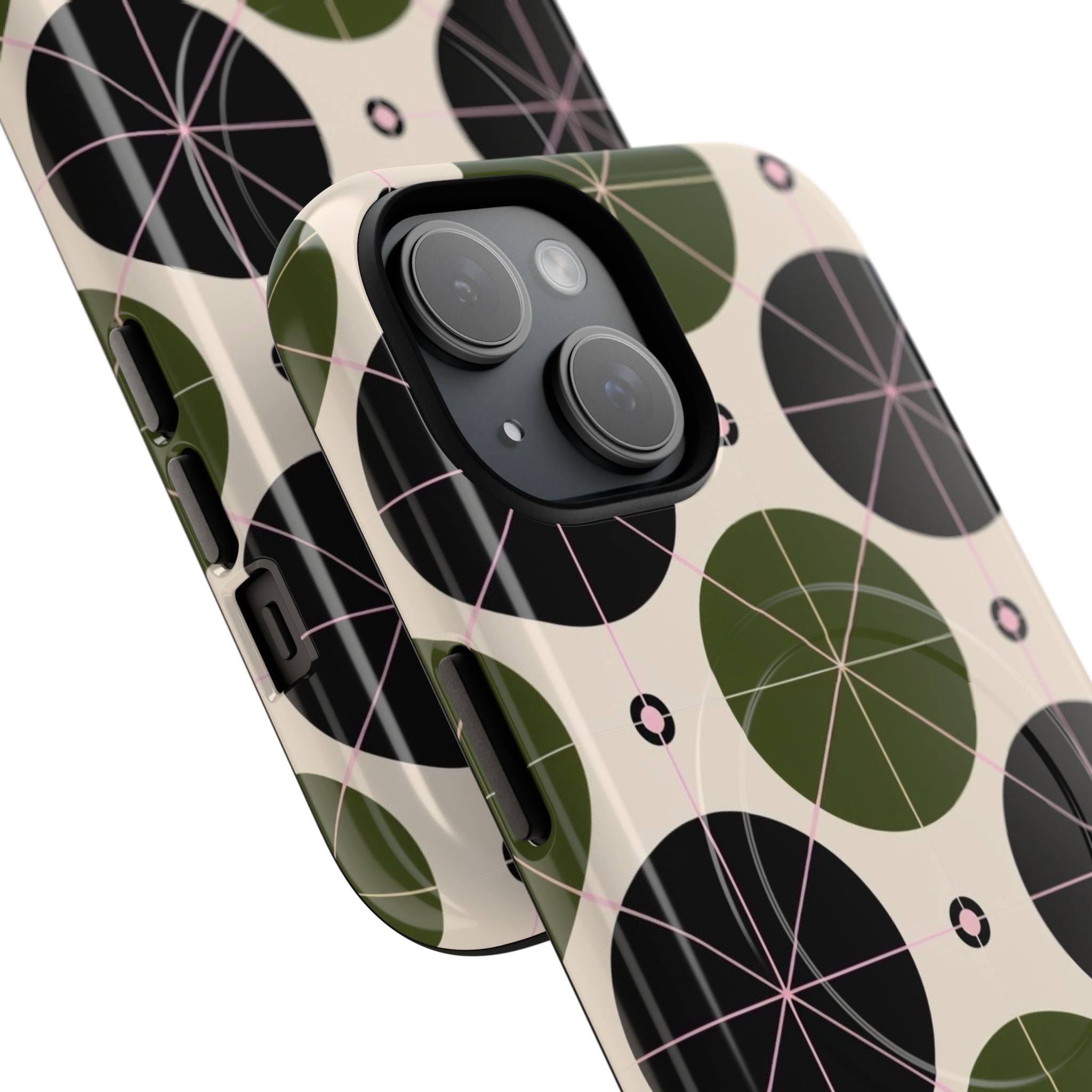 Magnetic Tough Phone Case — Geometric Olive & Black Circle Pattern