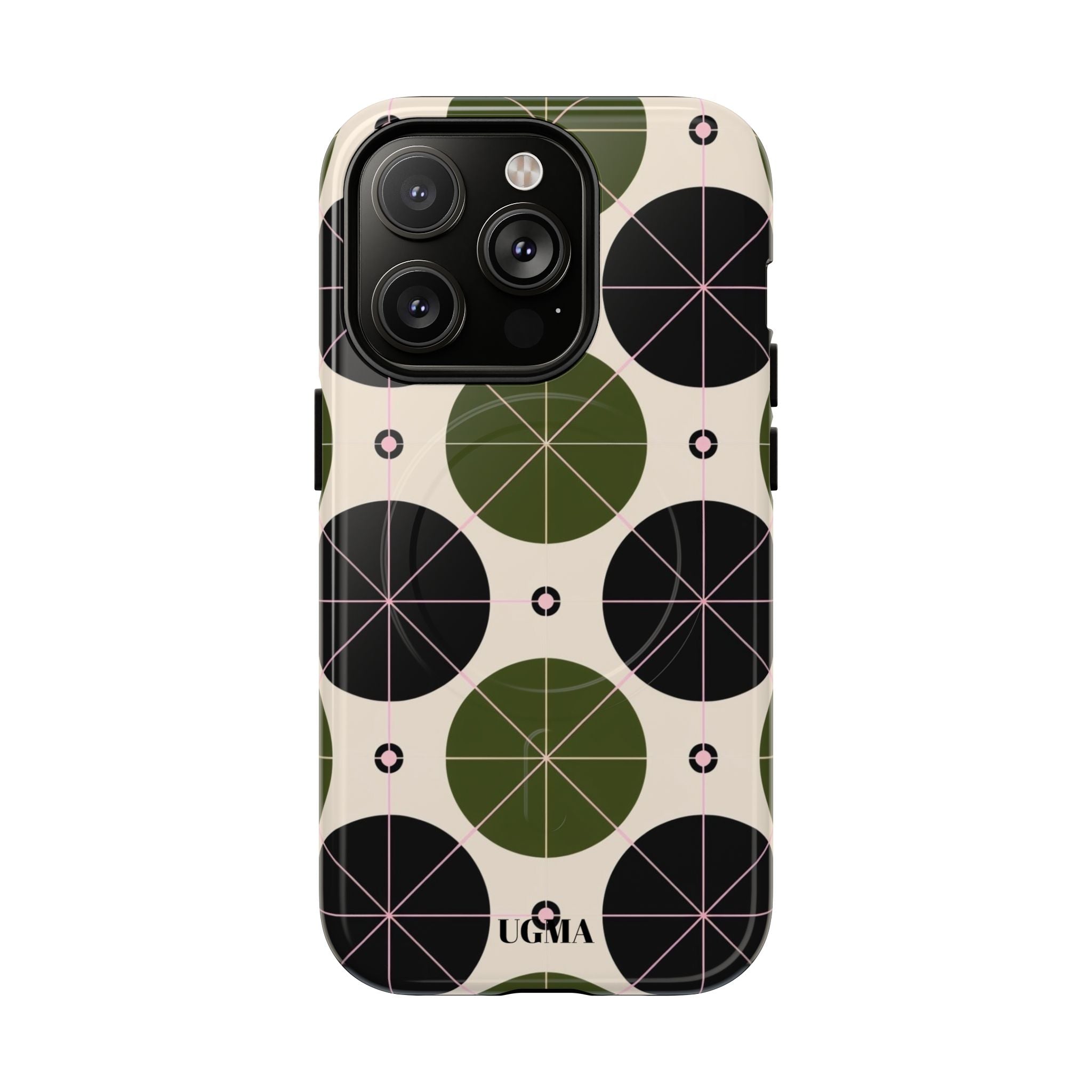 Magnetic Tough Phone Case — Geometric Olive & Black Circle Pattern