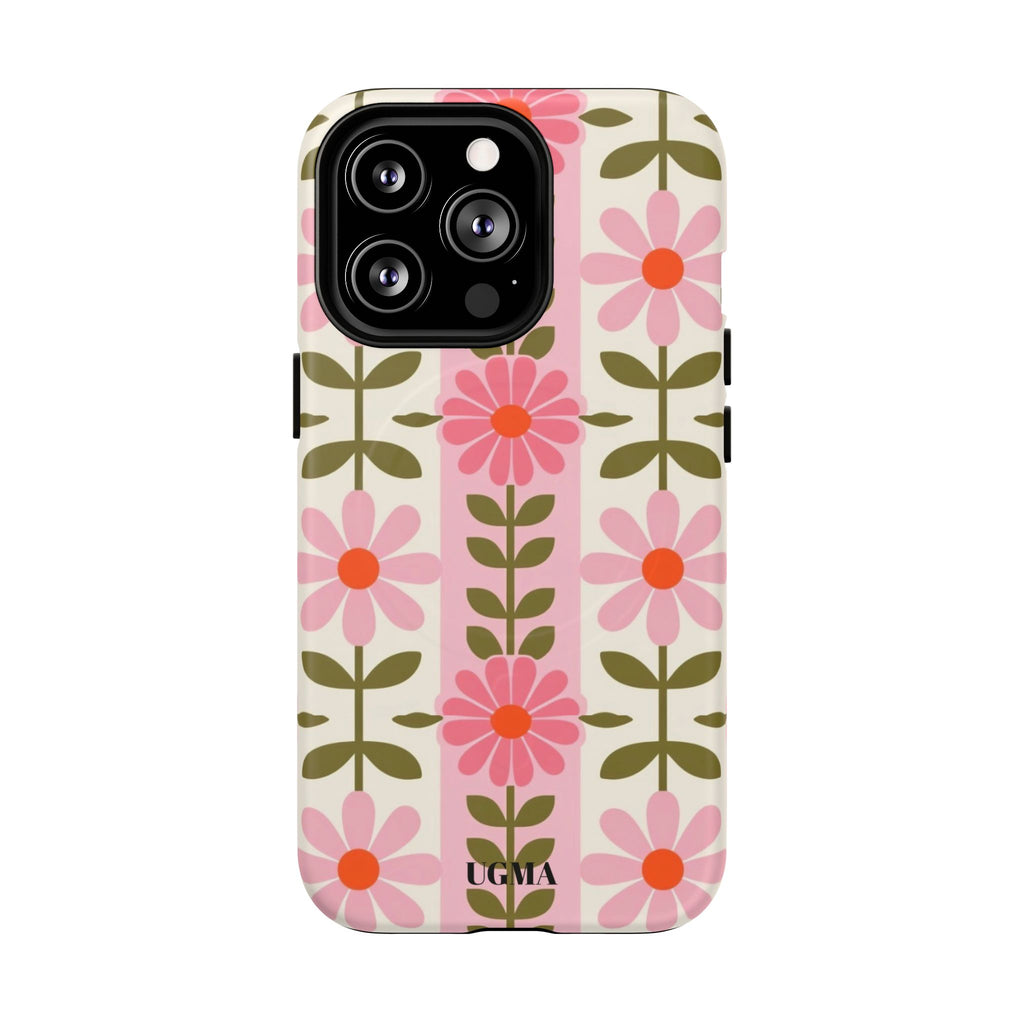 Floral Stripe Tough Magnetic Phone Case — Retro Pink Daisy Protective Cover