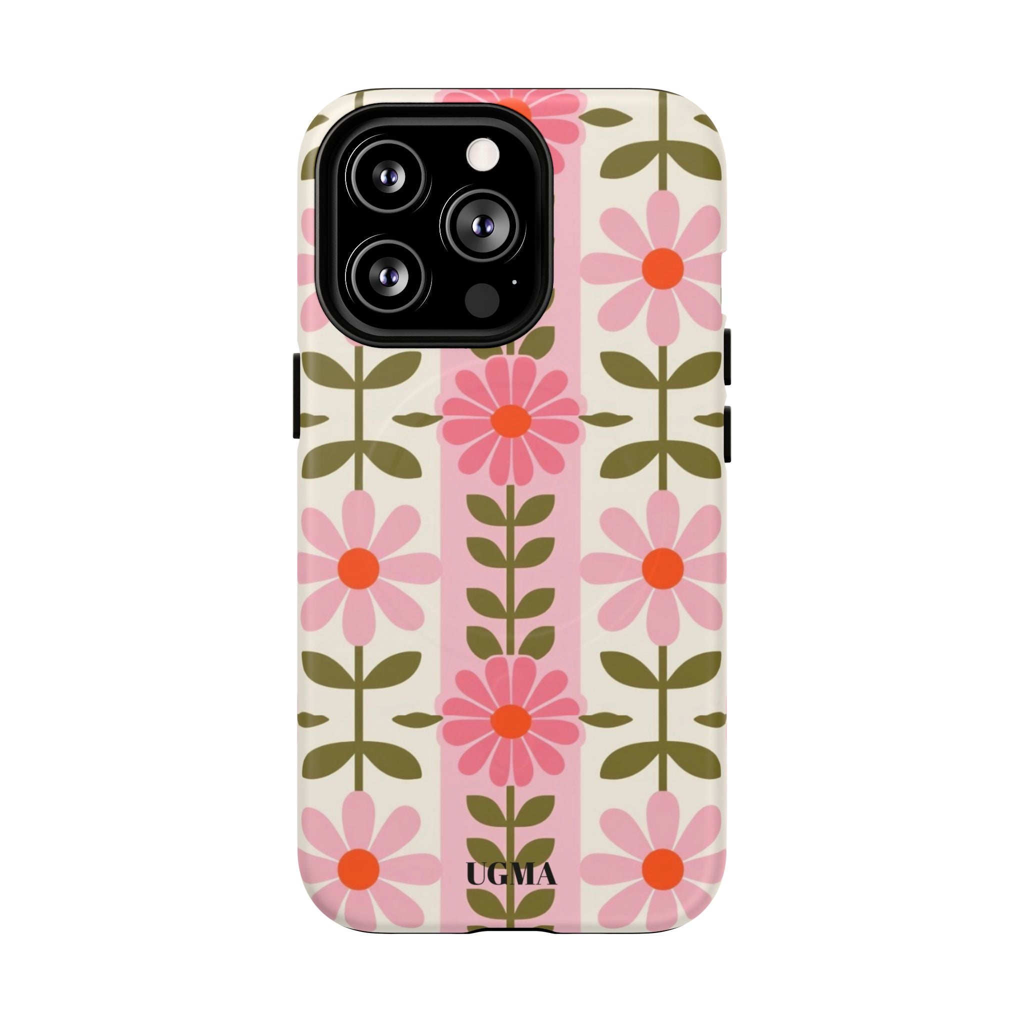 Floral Stripe Tough Magnetic Phone Case — Retro Pink Daisy Protective Cover