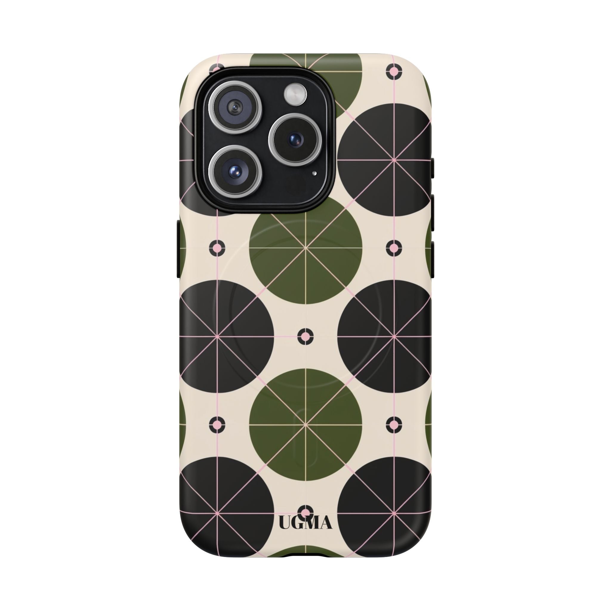Magnetic Tough Phone Case — Geometric Olive & Black Circle Pattern