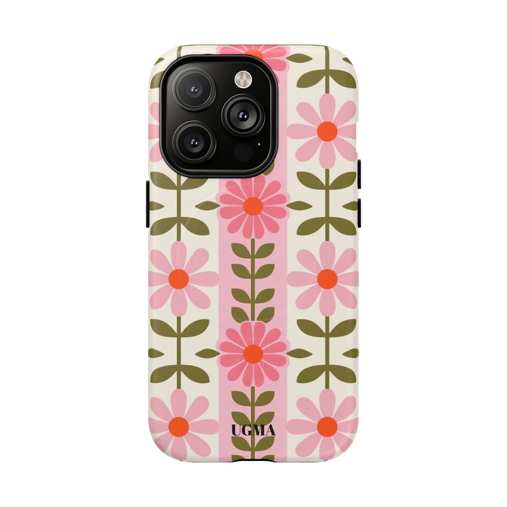 Floral Stripe Tough Magnetic Phone Case — Retro Pink Daisy Protective Cover