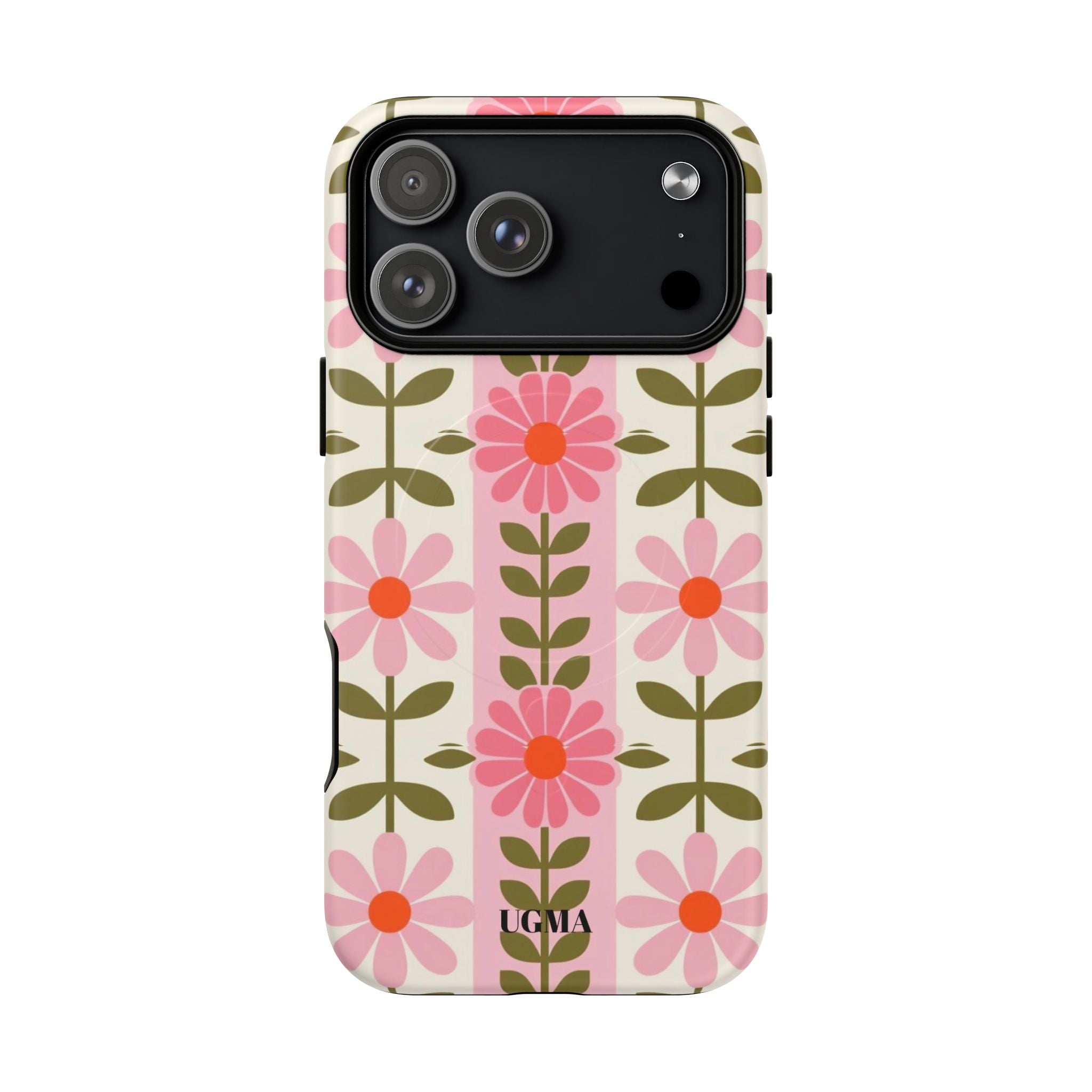 Floral Stripe Tough Magnetic Phone Case — Retro Pink Daisy Protective Cover