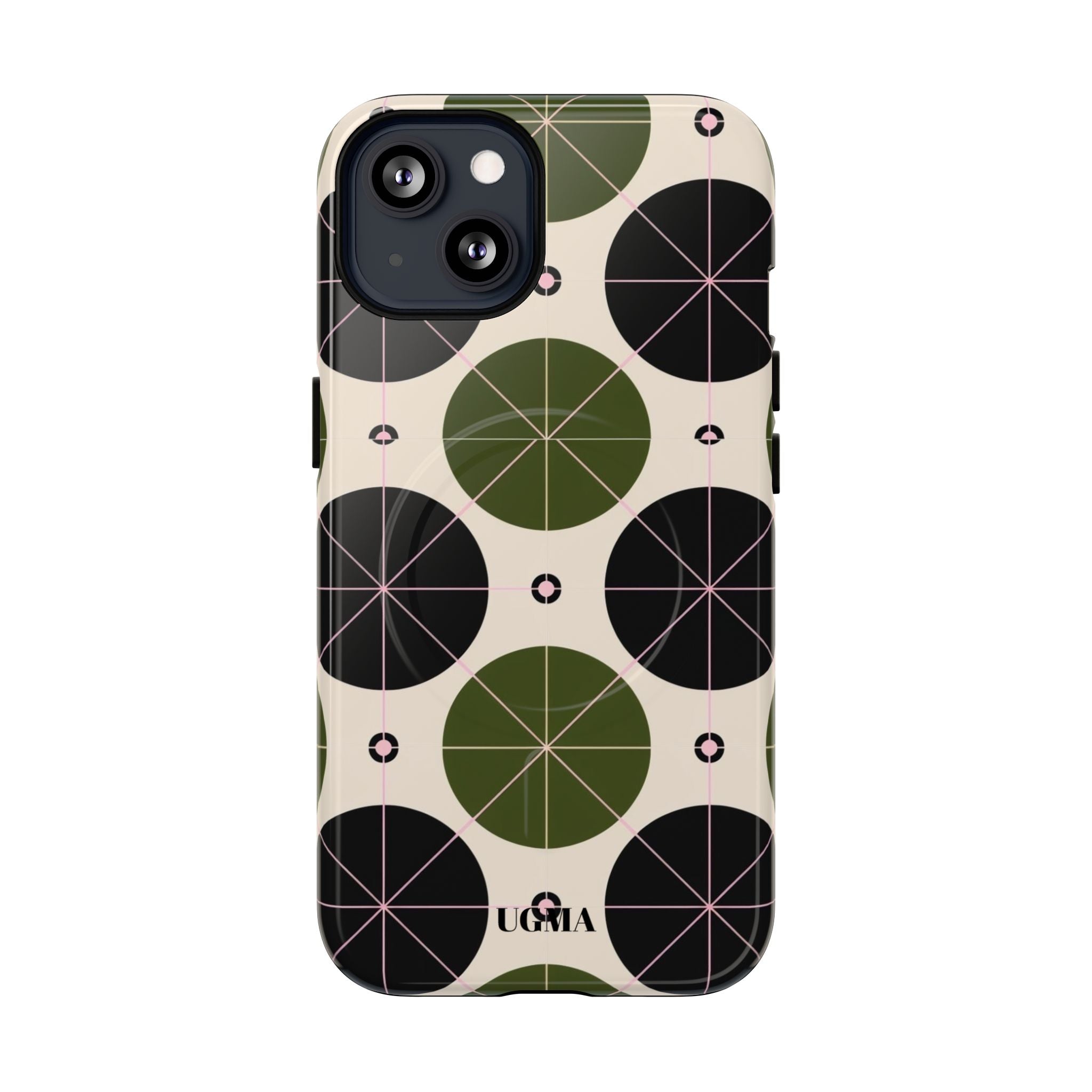 Magnetic Tough Phone Case — Geometric Olive & Black Circle Pattern