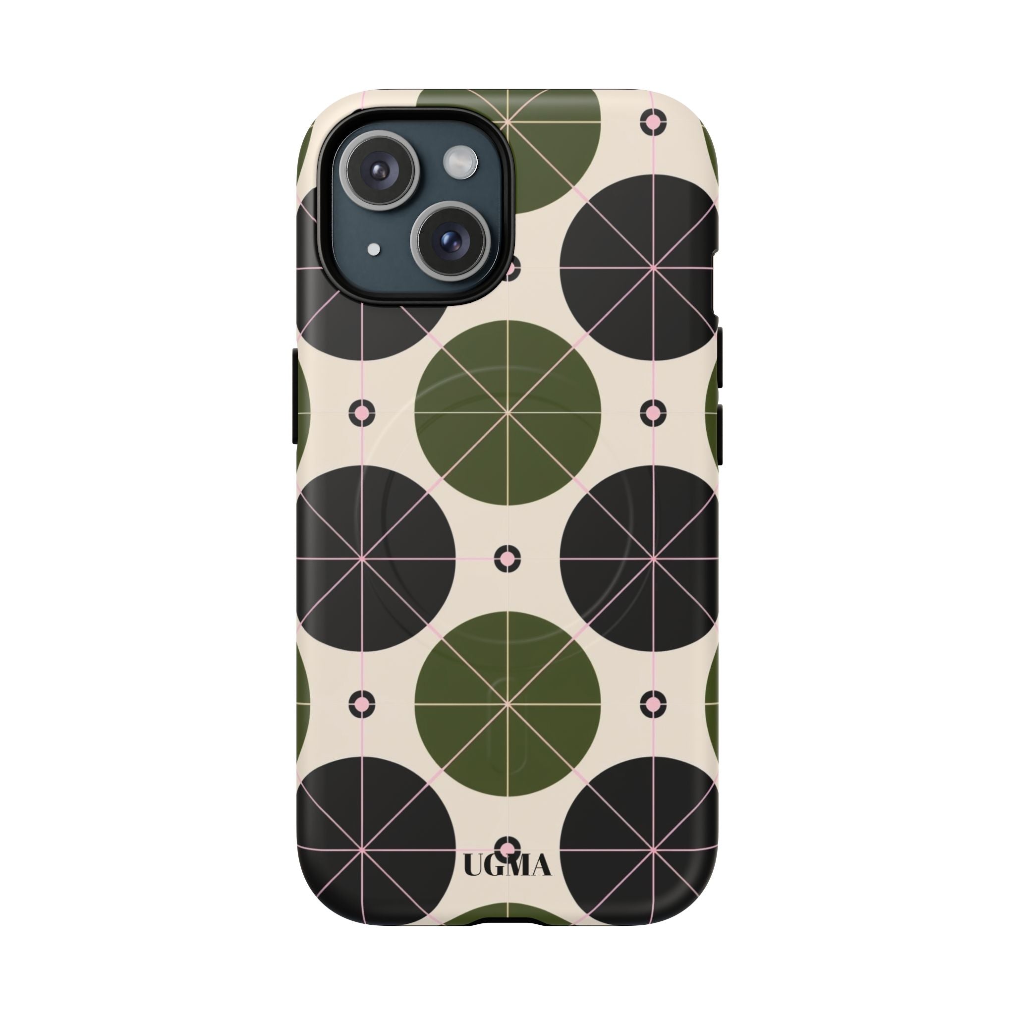 Magnetic Tough Phone Case — Geometric Olive & Black Circle Pattern
