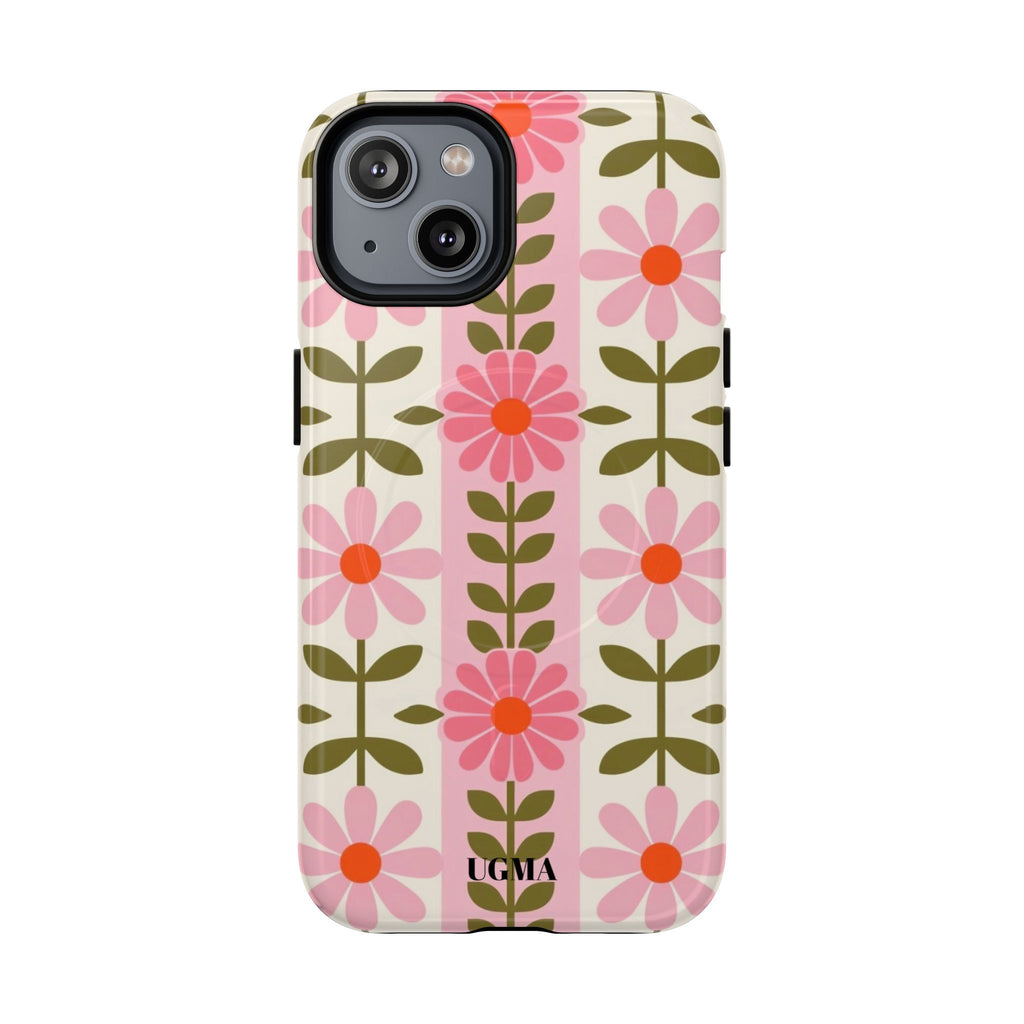 Floral Stripe Tough Magnetic Phone Case — Retro Pink Daisy Protective Cover