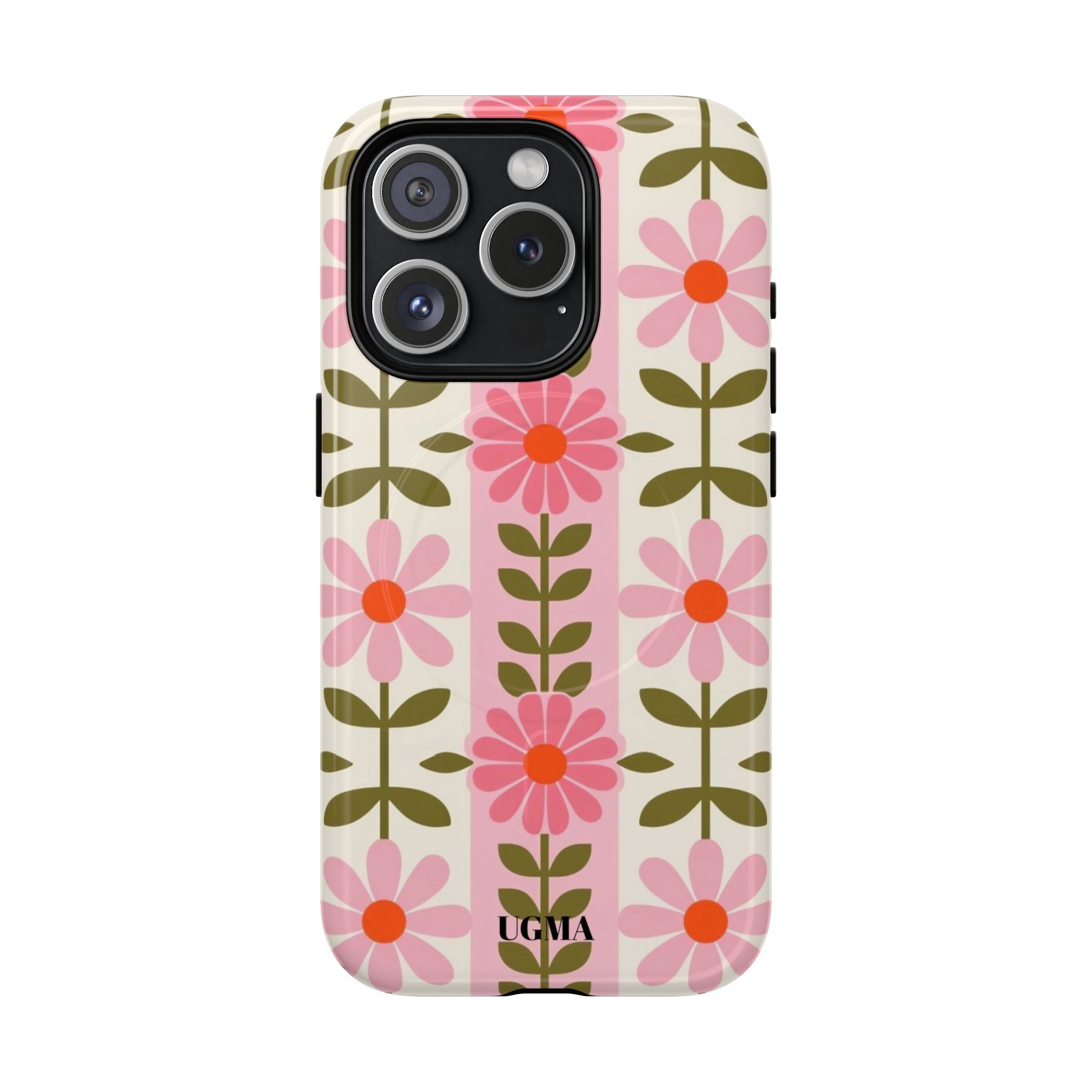 Floral Stripe Tough Magnetic Phone Case — Retro Pink Daisy Protective Cover
