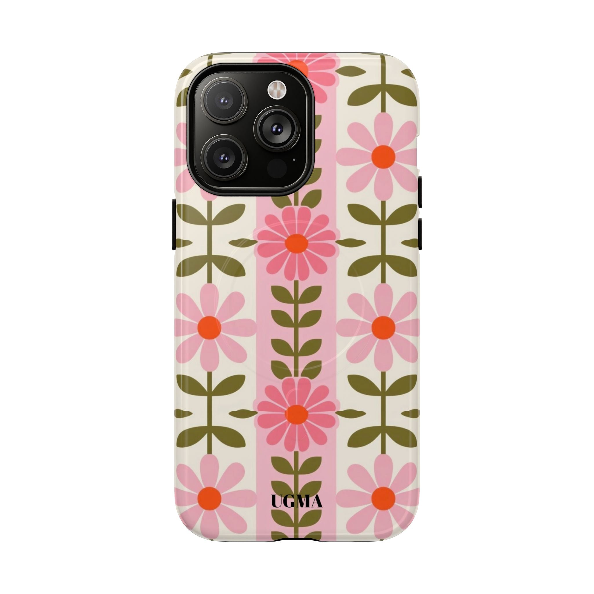 Floral Stripe Tough Magnetic Phone Case — Retro Pink Daisy Protective Cover