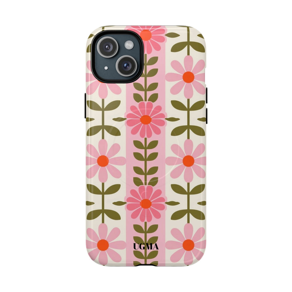Floral Stripe Tough Magnetic Phone Case — Retro Pink Daisy Protective Cover