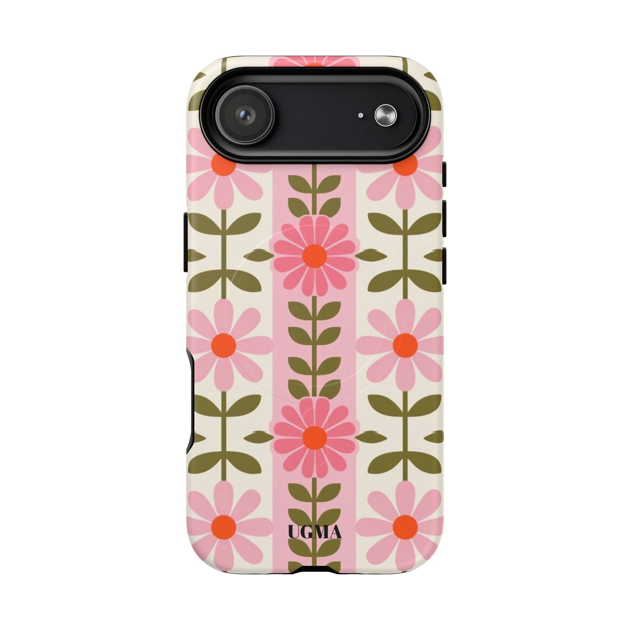 Floral Stripe Tough Magnetic Phone Case — Retro Pink Daisy Protective Cover