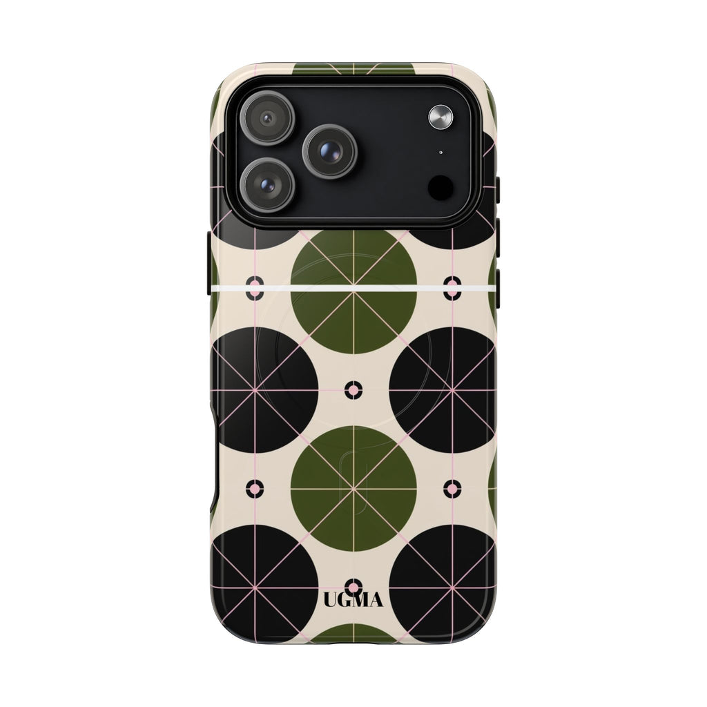 Magnetic Tough Phone Case — Geometric Olive & Black Circle Pattern